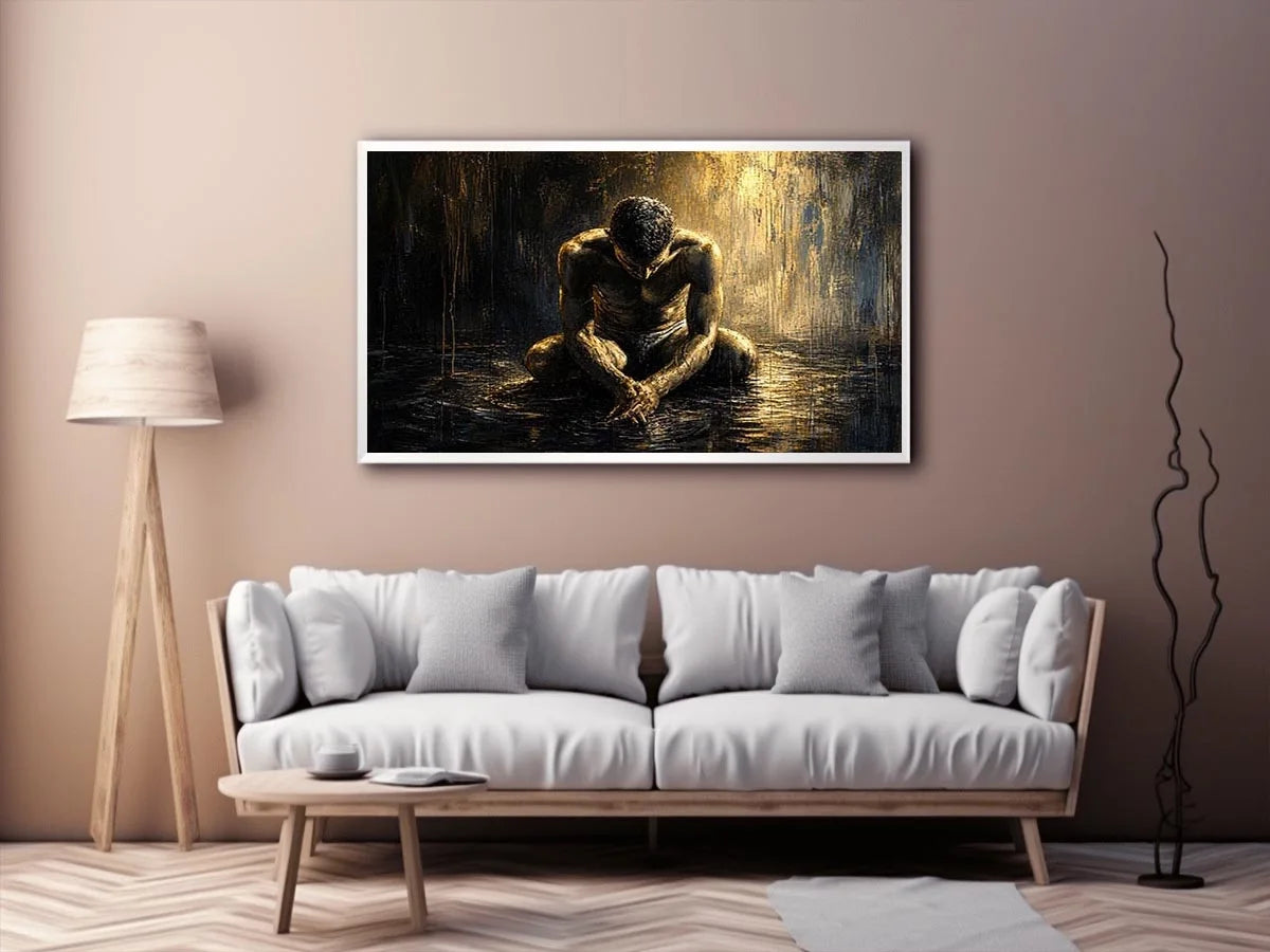 Abstract painting of a seated human figure with head bowed in a moody textured environment