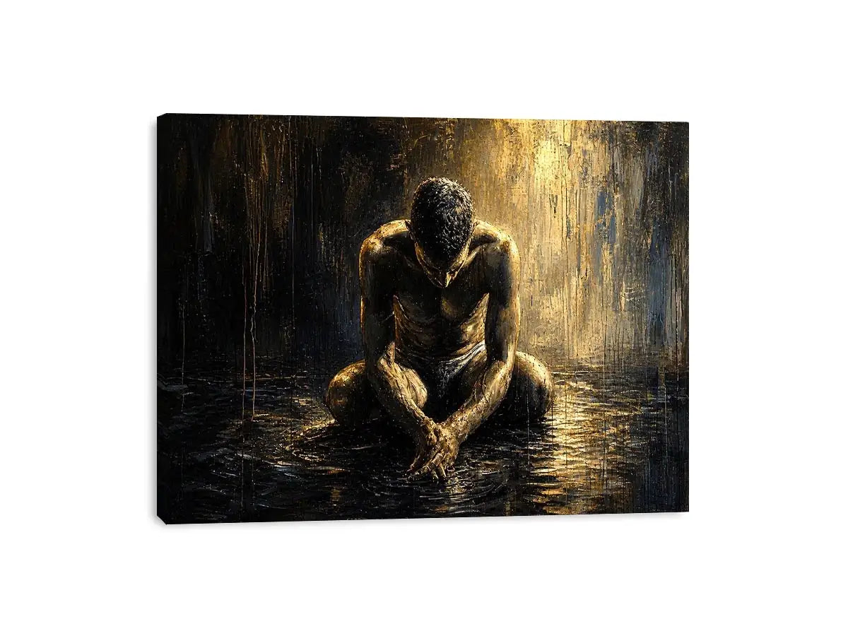 Abstract painting of a seated human figure with head bowed in a moody textured environment