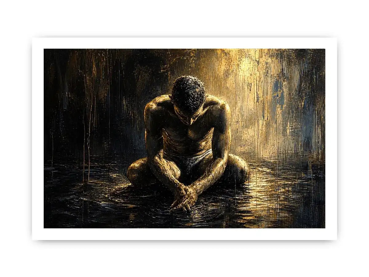 Abstract painting of a seated human figure with head bowed in a moody textured environment