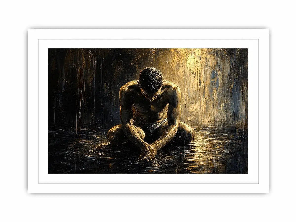 Abstract painting of a seated human figure with head bowed in a moody textured environment