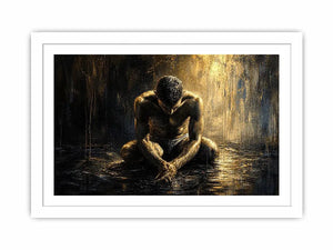 Abstract painting of a seated human figure with head bowed in a moody textured environment
