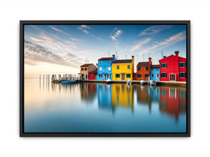 Minimal colorful waterfront village wall art with vibrant European houses and calm reflective water landscape