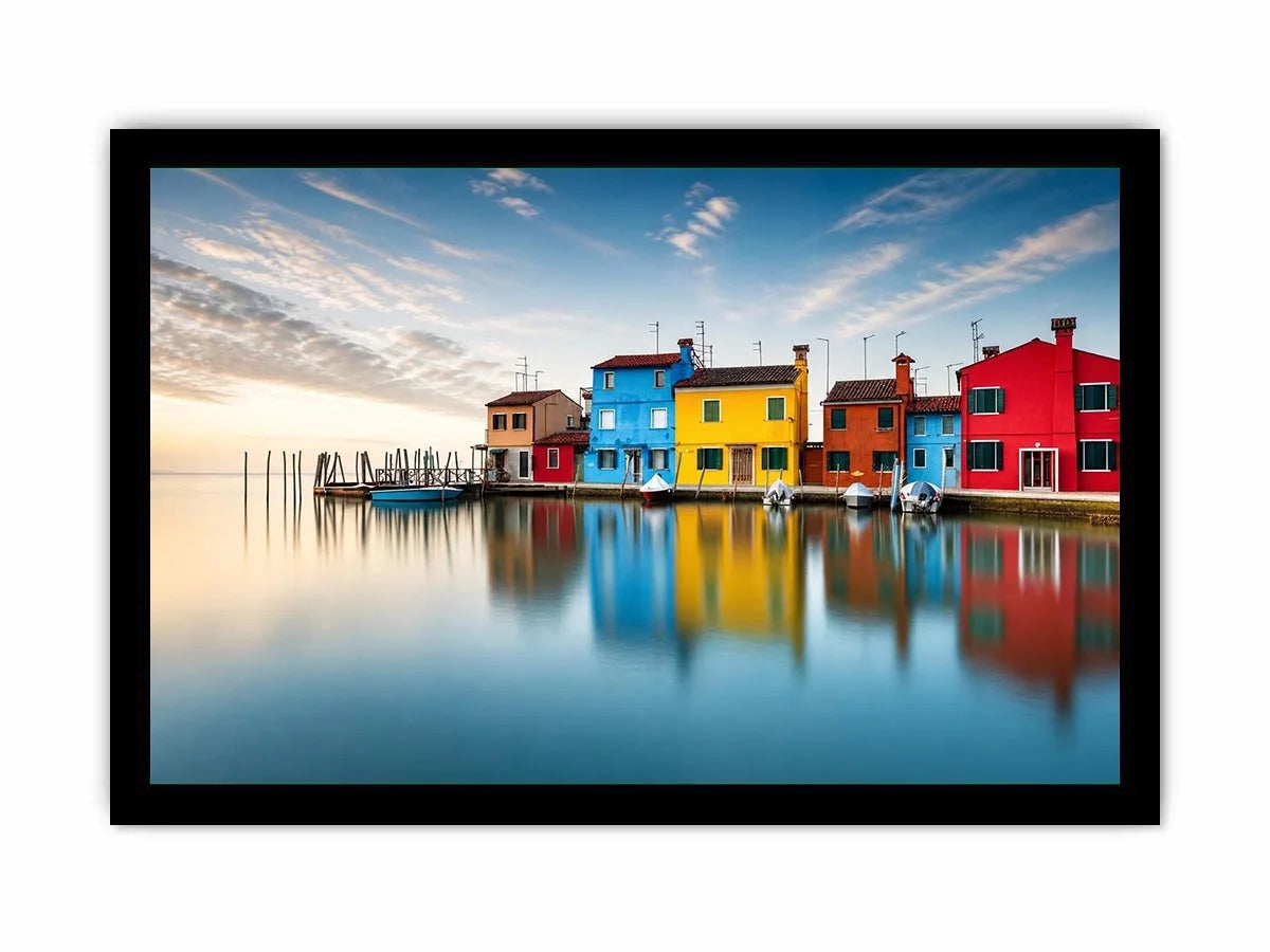 Minimal colorful waterfront village wall art with vibrant European houses and calm reflective water landscape