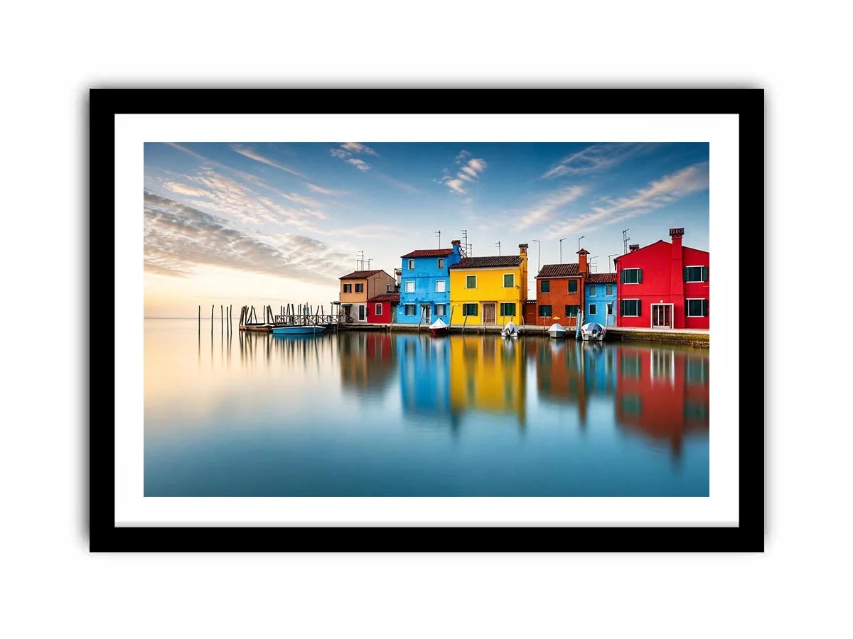 Minimal colorful waterfront village wall art with vibrant European houses and calm reflective water landscape