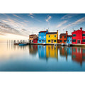 Minimal colorful waterfront village wall art with vibrant European houses and calm reflective water landscape