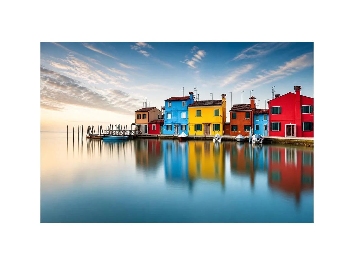 Minimal colorful waterfront village wall art with vibrant European houses and calm reflective water landscape