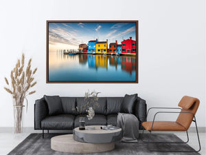 Minimal colorful waterfront village wall art with vibrant European houses and calm reflective water landscape