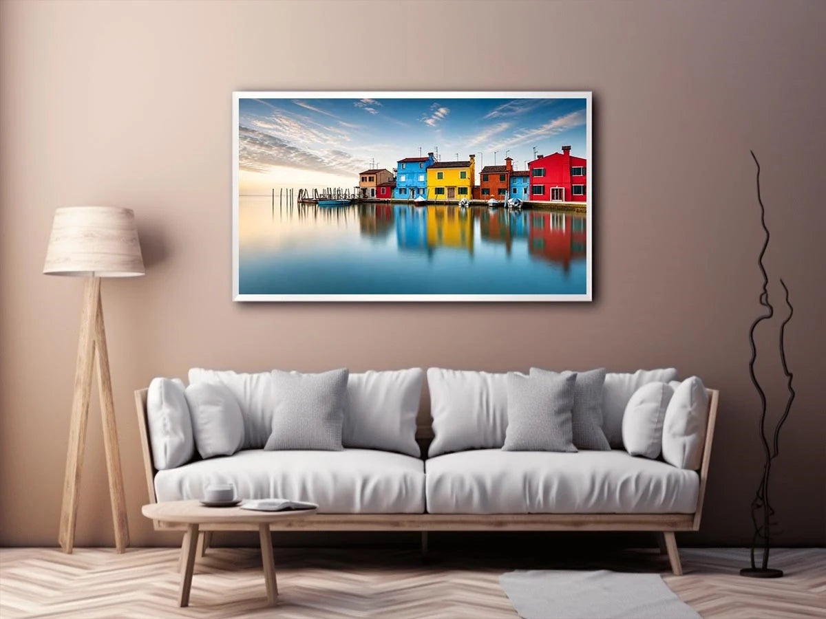Minimal colorful waterfront village wall art with vibrant European houses and calm reflective water landscape