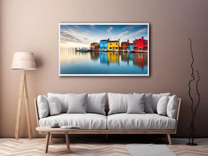 Minimal colorful waterfront village wall art with vibrant European houses and calm reflective water landscape