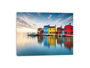 Minimal colorful waterfront village wall art with vibrant European houses and calm reflective water landscape
