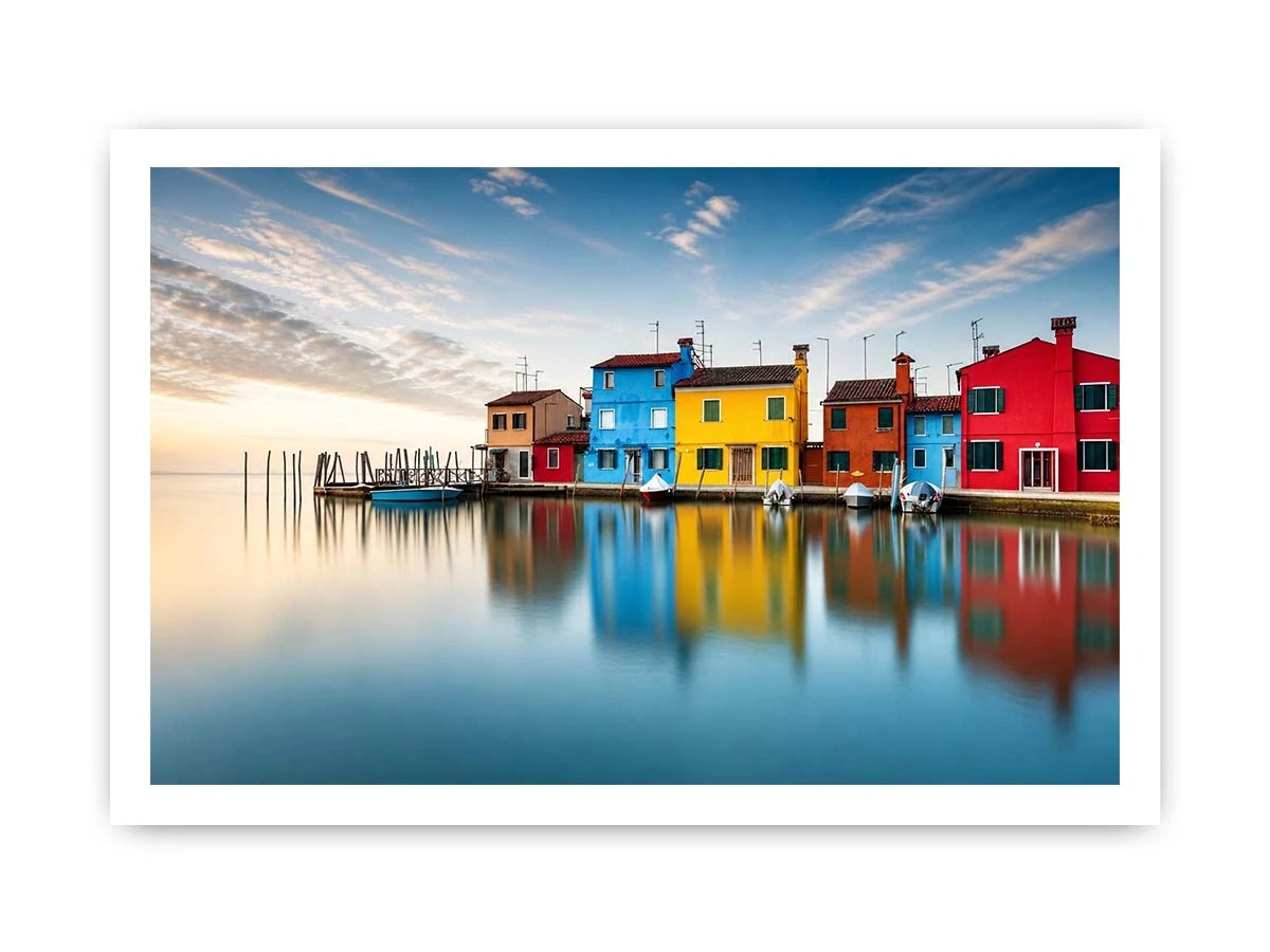 Minimal colorful waterfront village wall art with vibrant European houses and calm reflective water landscape