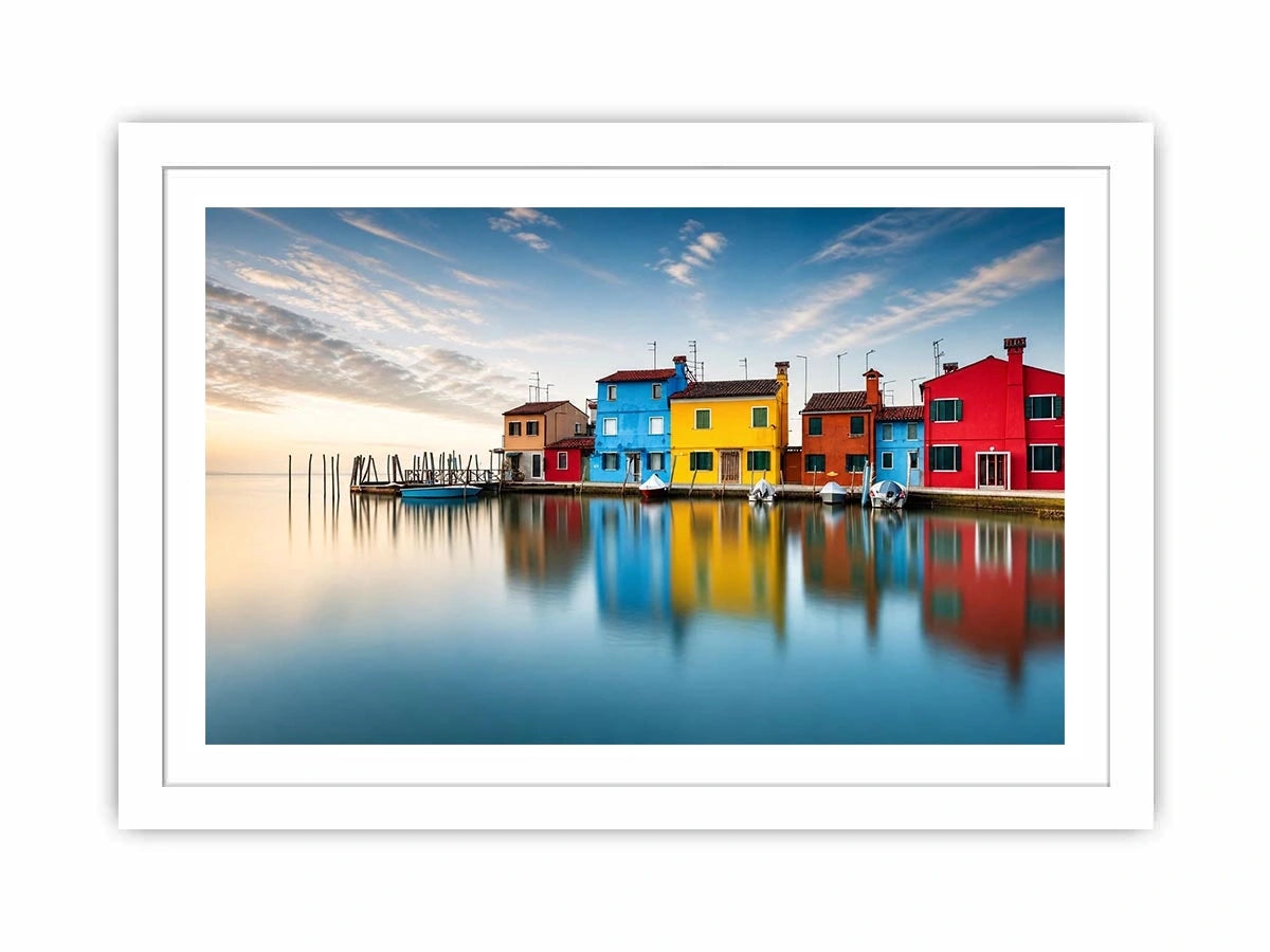 Minimal colorful waterfront village wall art with vibrant European houses and calm reflective water landscape