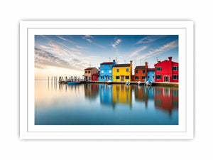Minimal colorful waterfront village wall art with vibrant European houses and calm reflective water landscape