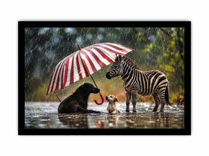 Whimsical zebra and dogs under striped umbrella in rainy cinematic animal wall art for cozy modern interiors