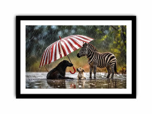 Whimsical zebra and dogs under striped umbrella in rainy cinematic animal wall art for cozy modern interiors