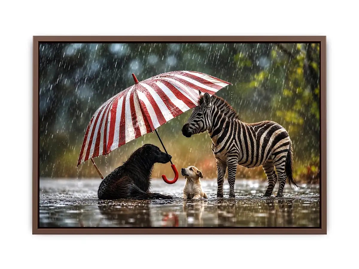 Whimsical zebra and dogs under striped umbrella in rainy cinematic animal wall art for cozy modern interiors