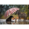 Whimsical zebra and dogs under striped umbrella in rainy cinematic animal wall art for cozy modern interiors