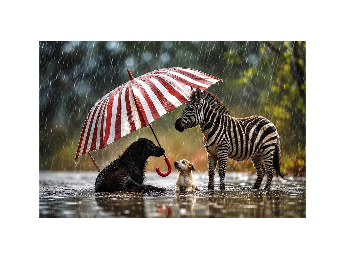 Whimsical zebra and dogs under striped umbrella in rainy cinematic animal wall art for cozy modern interiors