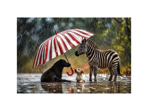 Whimsical zebra and dogs under striped umbrella in rainy cinematic animal wall art for cozy modern interiors