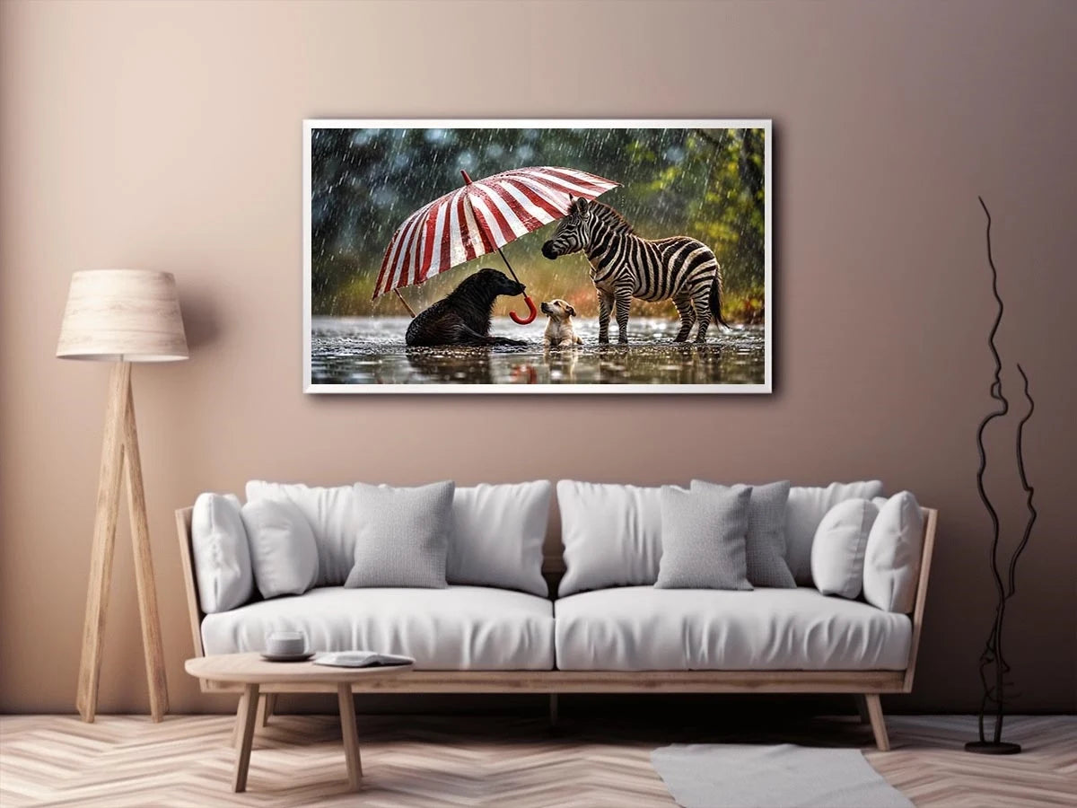 Whimsical zebra and dogs under striped umbrella in rainy cinematic animal wall art for cozy modern interiors