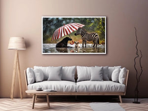 Whimsical zebra and dogs under striped umbrella in rainy cinematic animal wall art for cozy modern interiors