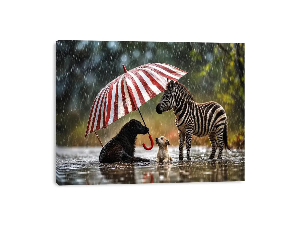 Whimsical zebra and dogs under striped umbrella in rainy cinematic animal wall art for cozy modern interiors