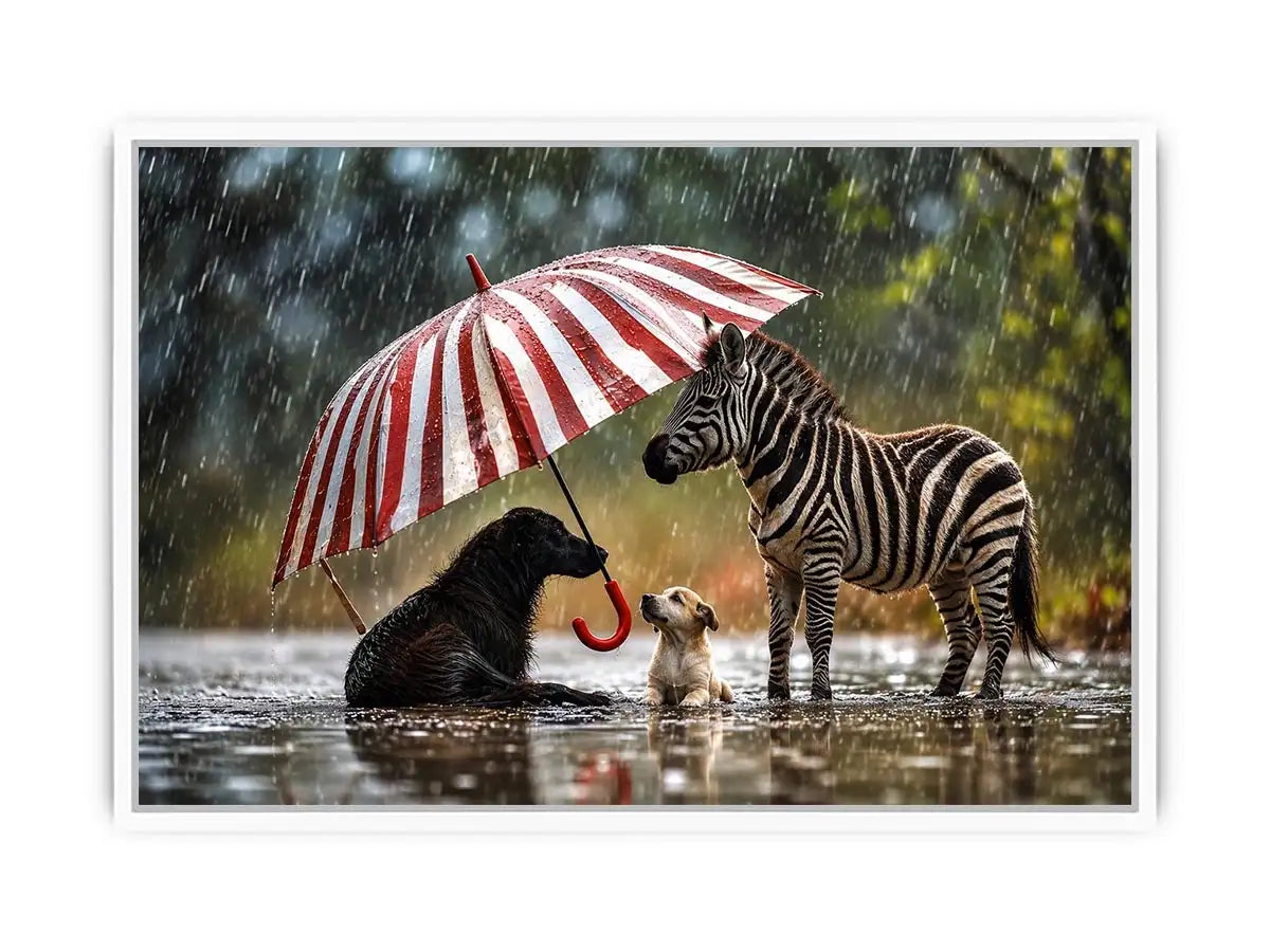 Whimsical zebra and dogs under striped umbrella in rainy cinematic animal wall art for cozy modern interiors