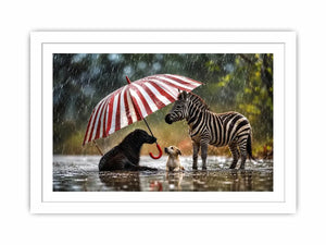 Whimsical zebra and dogs under striped umbrella in rainy cinematic animal wall art for cozy modern interiors
