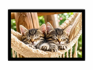 Bright cozy sleeping kitten wall art featuring two tabby cats resting in a woven hammock with soft natural daylight and neutral organic tones.