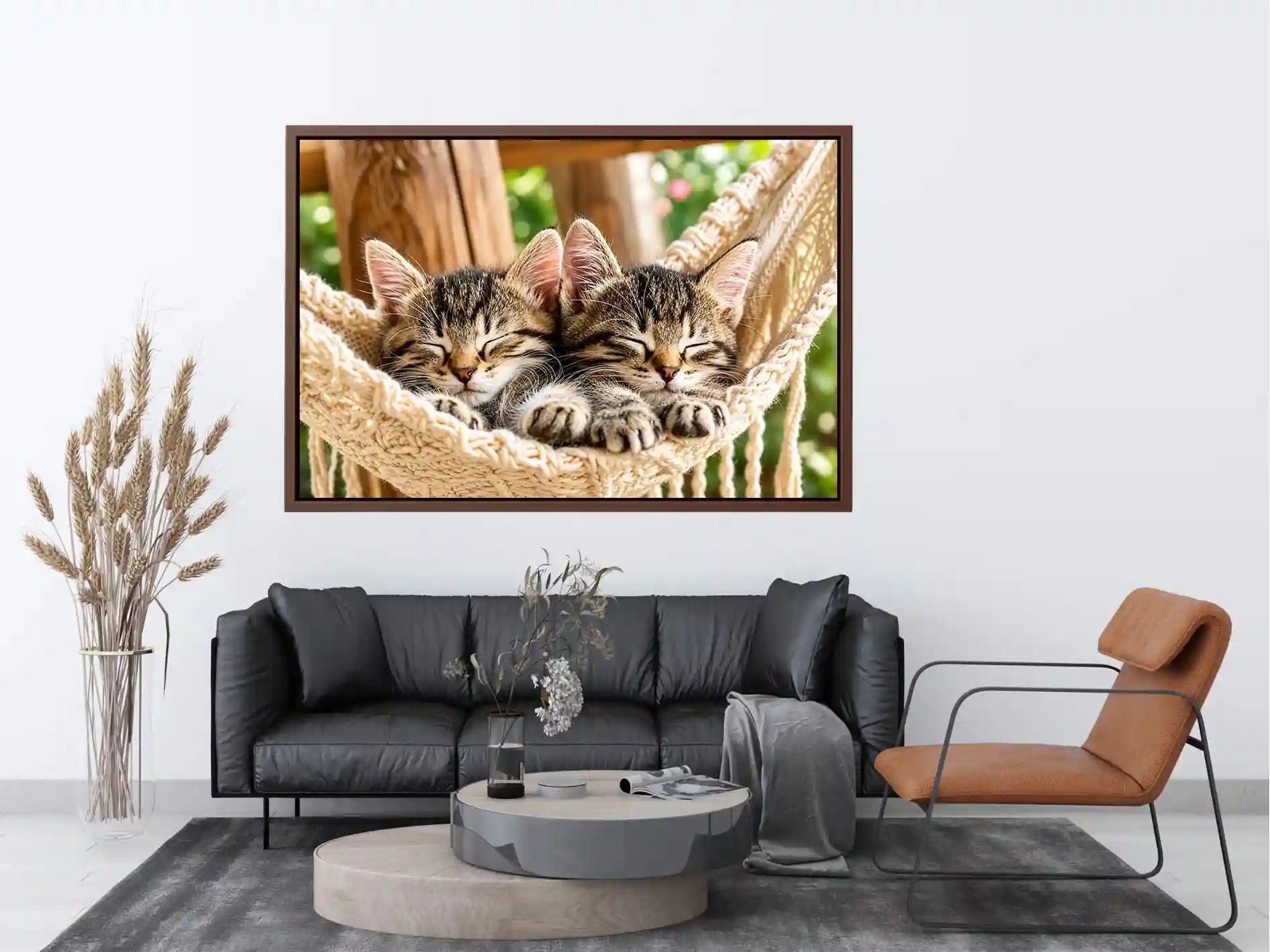 Bright cozy sleeping kitten wall art featuring two tabby cats resting in a woven hammock with soft natural daylight and neutral organic tones.