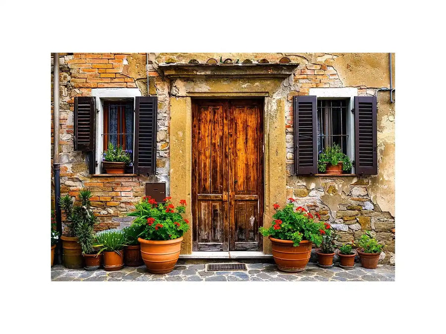 Bright rustic Mediterranean house facade wall art with vintage wooden doors, textured stone walls, and terracotta flower pots in airy natural daylight.
