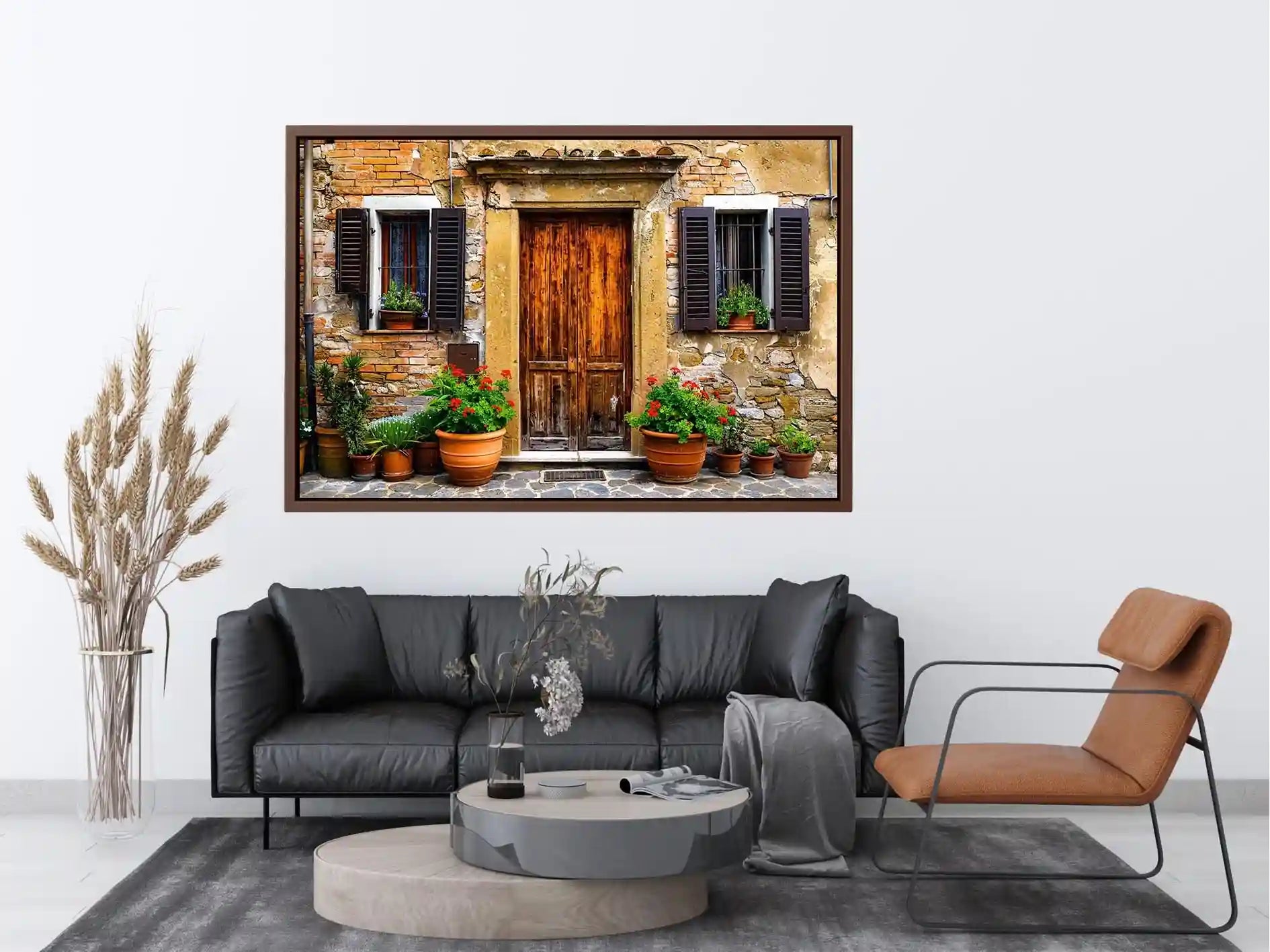 Bright rustic Mediterranean house facade wall art with vintage wooden doors, textured stone walls, and terracotta flower pots in airy natural daylight.