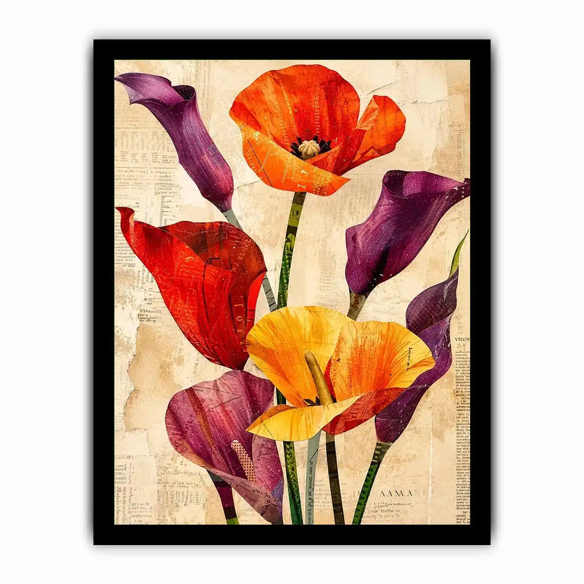 Bright modern floral collage wall art featuring colorful abstract botanical flowers with layered vintage paper textures and elegant contemporary styling.