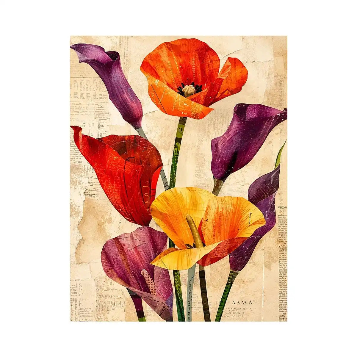 Bright modern floral collage wall art featuring colorful abstract botanical flowers with layered vintage paper textures and elegant contemporary styling.