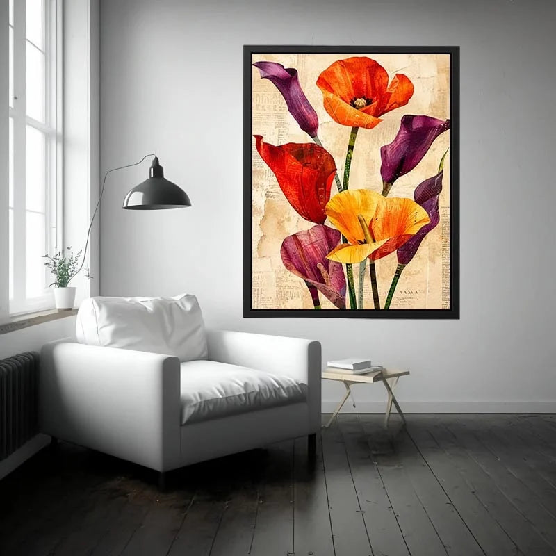 Bright modern floral collage wall art featuring colorful abstract botanical flowers with layered vintage paper textures and elegant contemporary styling.