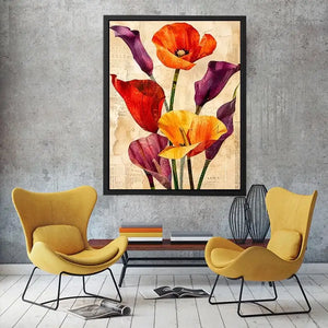 Bright modern floral collage wall art featuring colorful abstract botanical flowers with layered vintage paper textures and elegant contemporary styling.