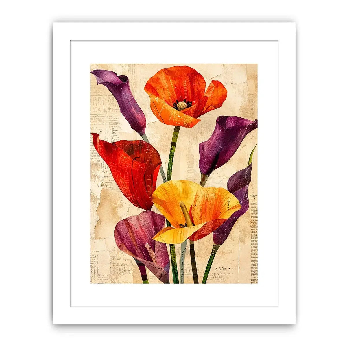 Bright modern floral collage wall art featuring colorful abstract botanical flowers with layered vintage paper textures and elegant contemporary styling.