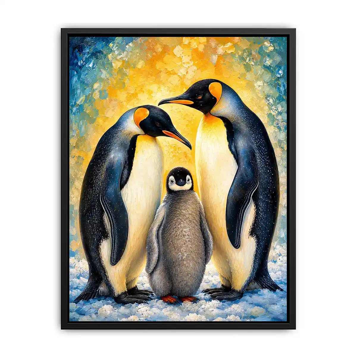 Bright modern penguin family wall art featuring two emperor penguins and a baby chick with painterly textures and soft Arctic-inspired colors.
