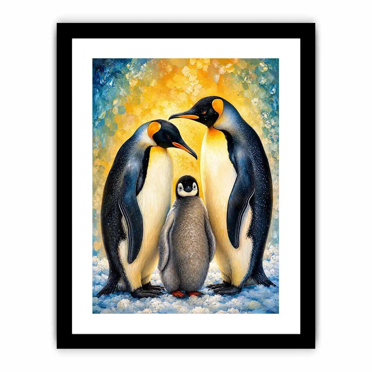 Bright modern penguin family wall art featuring two emperor penguins and a baby chick with painterly textures and soft Arctic-inspired colors.
