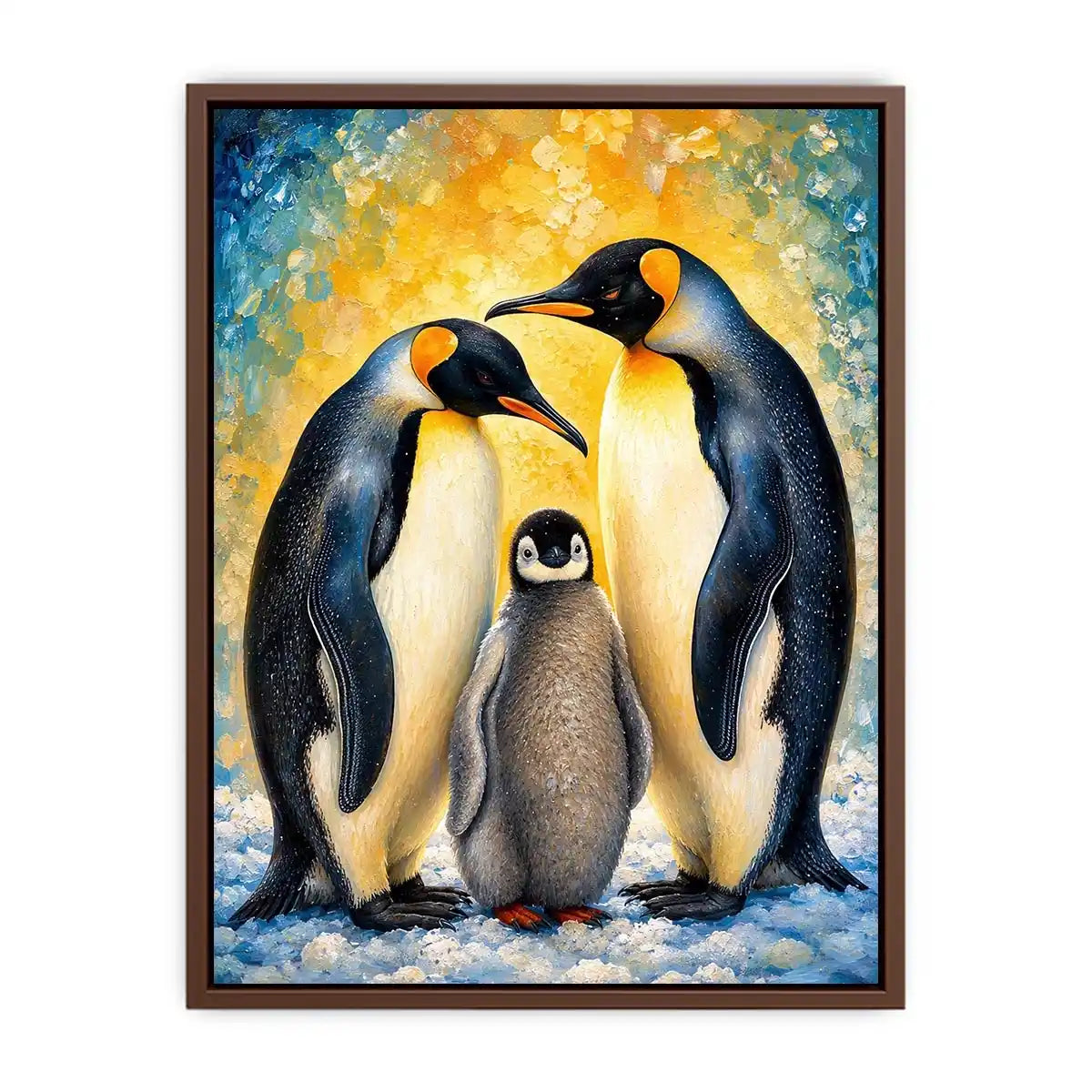 Bright modern penguin family wall art featuring two emperor penguins and a baby chick with painterly textures and soft Arctic-inspired colors.