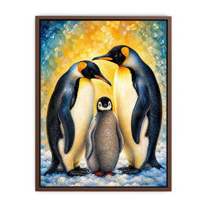 Bright modern penguin family wall art featuring two emperor penguins and a baby chick with painterly textures and soft Arctic-inspired colors.