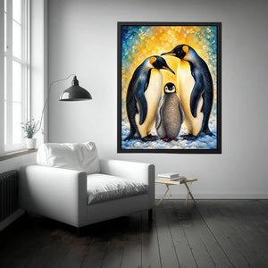 Bright modern penguin family wall art featuring two emperor penguins and a baby chick with painterly textures and soft Arctic-inspired colors.