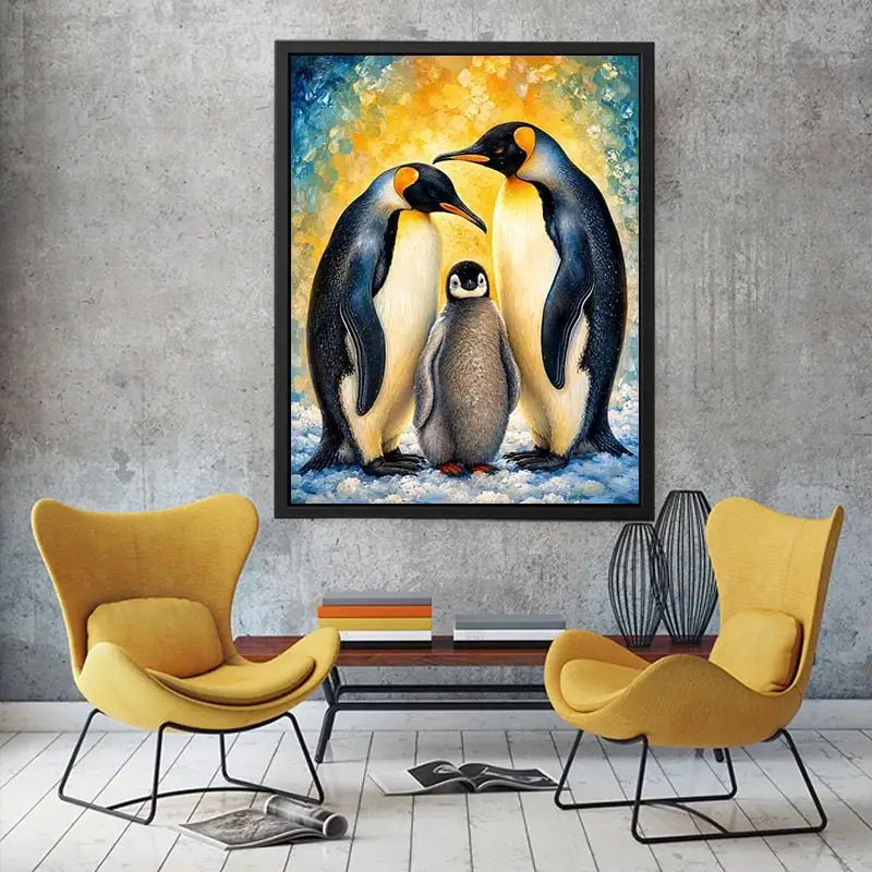 Bright modern penguin family wall art featuring two emperor penguins and a baby chick with painterly textures and soft Arctic-inspired colors.