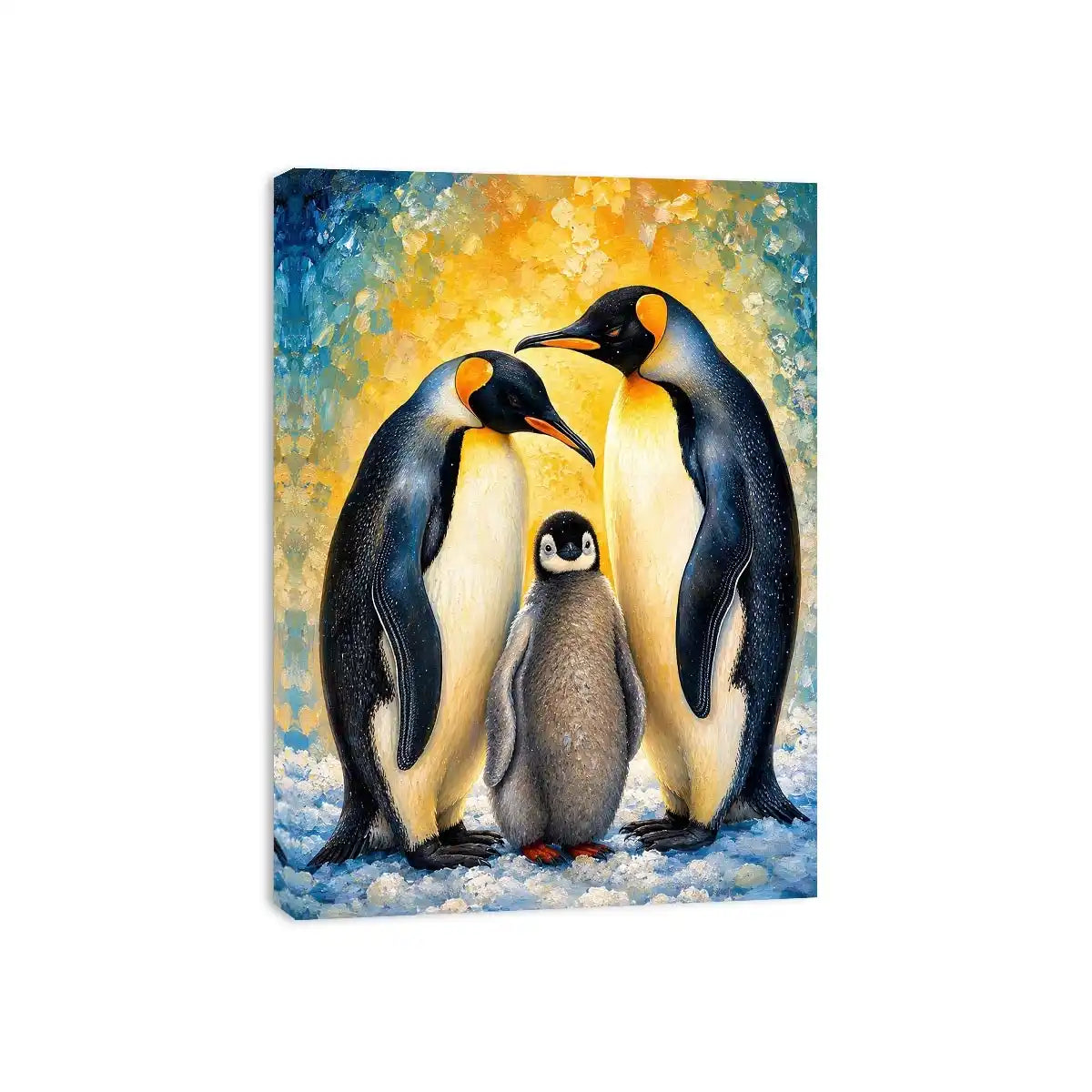 Bright modern penguin family wall art featuring two emperor penguins and a baby chick with painterly textures and soft Arctic-inspired colors.