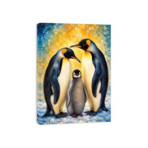 Bright modern penguin family wall art featuring two emperor penguins and a baby chick with painterly textures and soft Arctic-inspired colors.