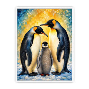 Bright modern penguin family wall art featuring two emperor penguins and a baby chick with painterly textures and soft Arctic-inspired colors.