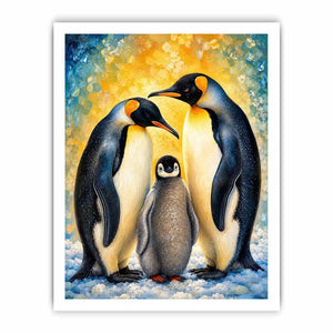 Bright modern penguin family wall art featuring two emperor penguins and a baby chick with painterly textures and soft Arctic-inspired colors.