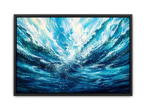 Bright abstract ocean wave wall art featuring flowing blue water textures, dynamic coastal movement, and airy modern painterly styling.