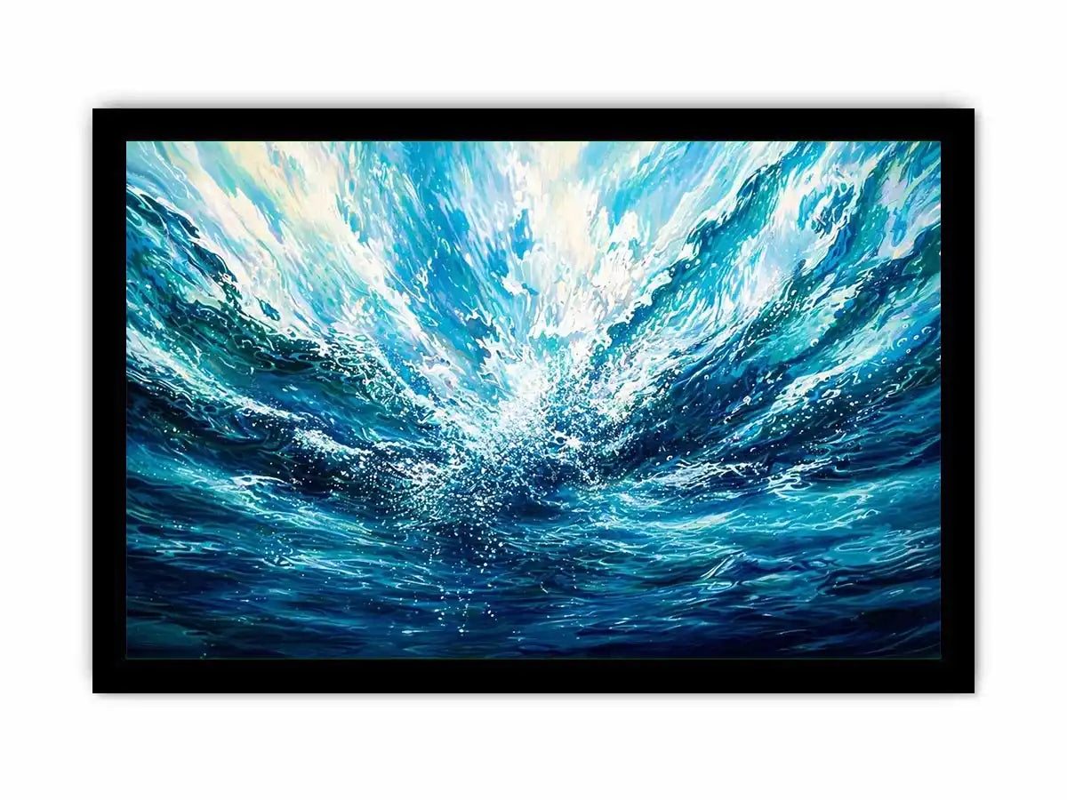 Bright abstract ocean wave wall art featuring flowing blue water textures, dynamic coastal movement, and airy modern painterly styling.