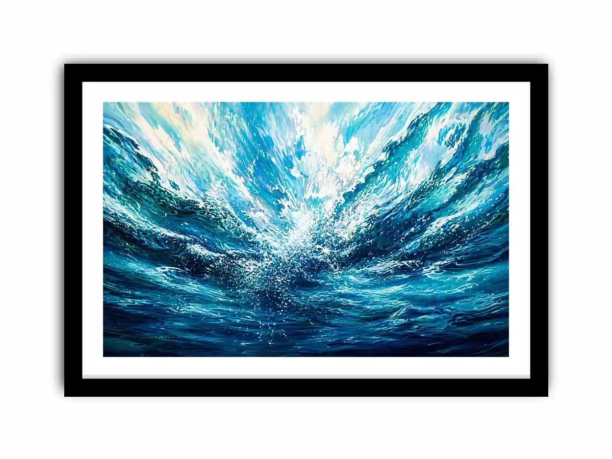 Bright abstract ocean wave wall art featuring flowing blue water textures, dynamic coastal movement, and airy modern painterly styling.
